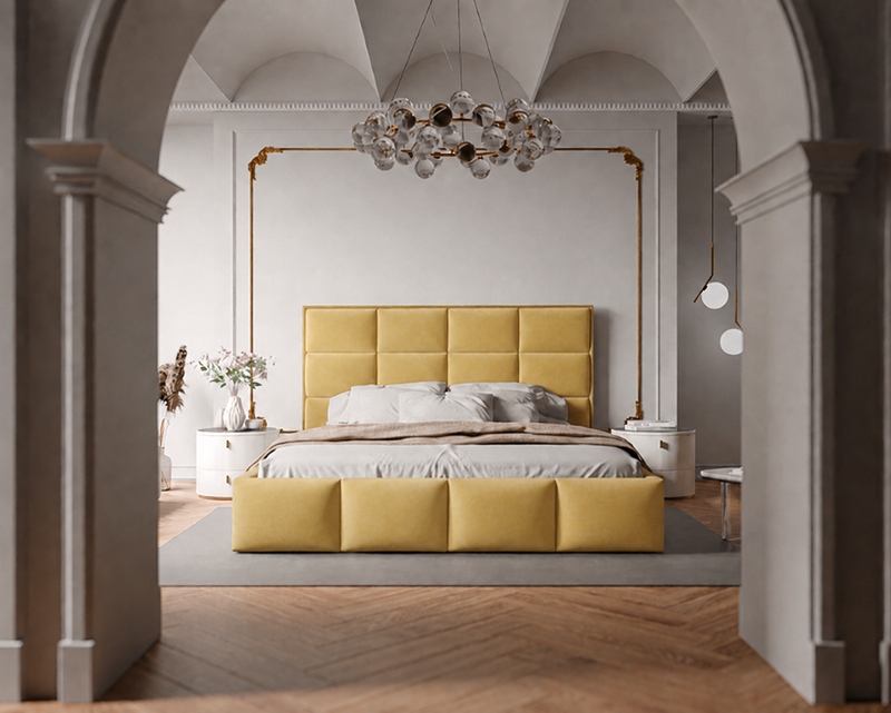Łóżko tapicerowane NUVELLO z pojemnikiem na pościel 200x200 cm żółte Magic Velvet 2228 Łóżko tapicerowane NUVELLO z pojemnikiem na pościel 200x200 cm żółte Magic Velvet 2228