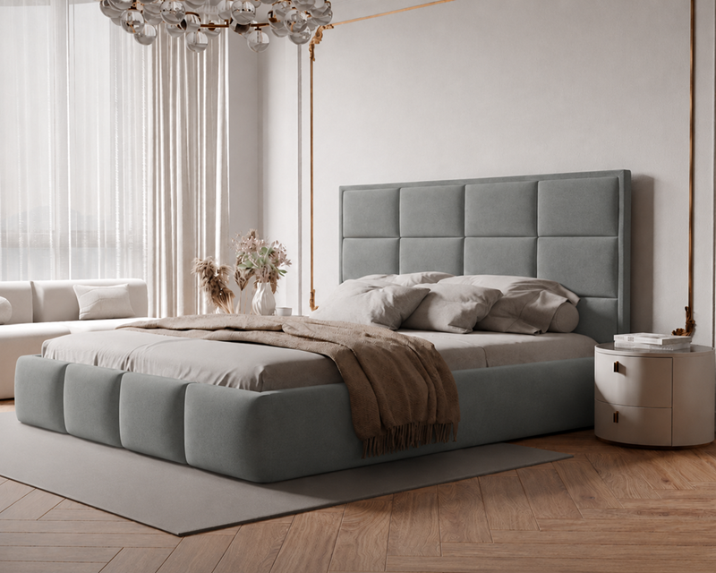 Łóżko tapicerowane NUVELLO z pojemnikiem na pościel 200x200 cm szare Magic Velvet 2241 Łóżko tapicerowane NUVELLO z pojemnikiem na pościel 200x200 cm szare Magic Velvet 2241