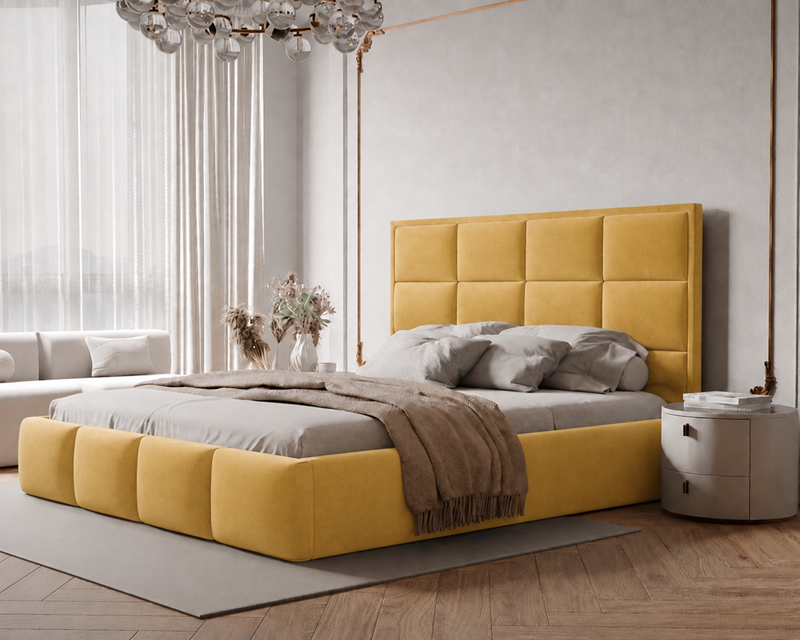 Łóżko tapicerowane NUVELLO z pojemnikiem na pościel 140x200 cm żółte Magic Velvet 2228 Łóżko tapicerowane NUVELLO z pojemnikiem na pościel 140x200 cm żółte Magic Velvet 2228