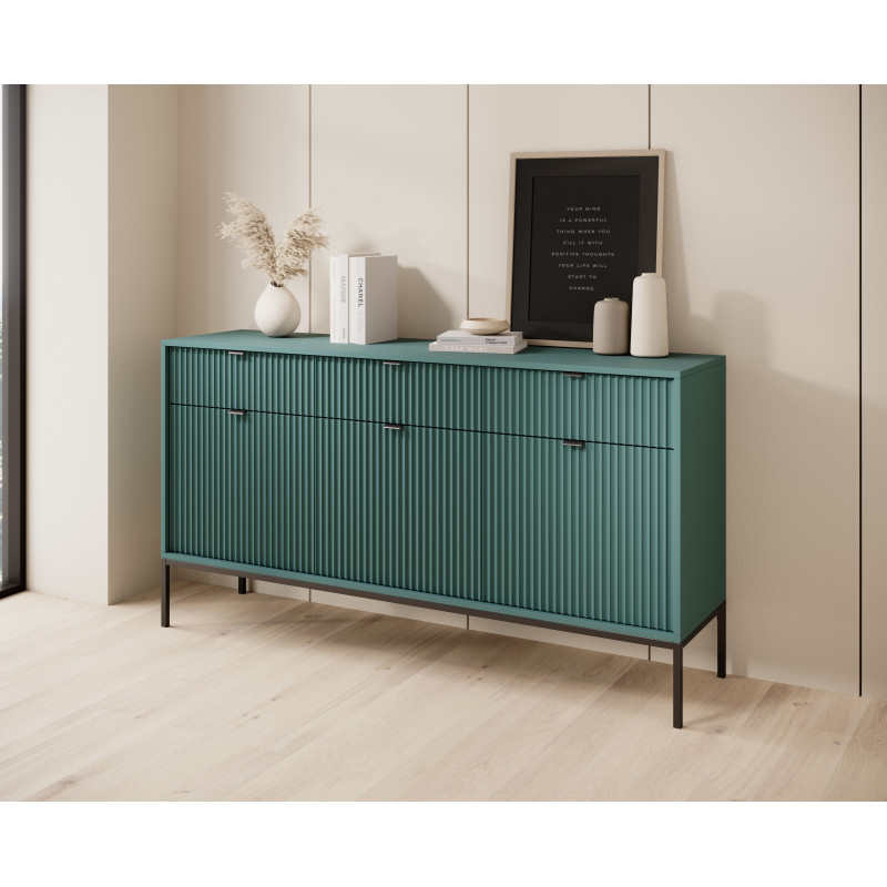 Komoda LINEA 154cm do salonu sypialni zielona czarny stelaż czarny uchwyt