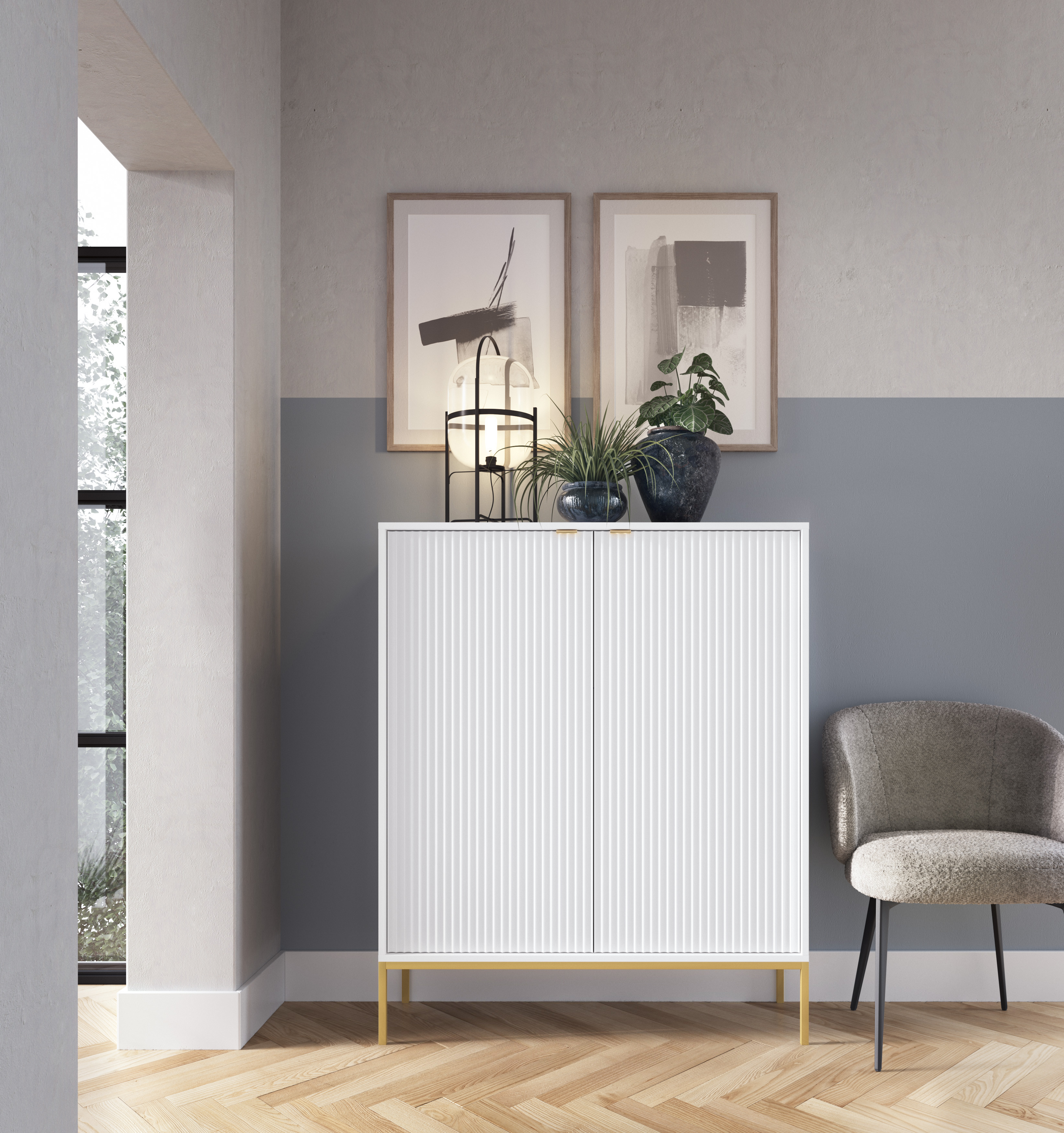 Komoda LINEA 104cm wysoka do salonu sypialni biała złoty stelaż Komoda LINEA 104cm wysoka do salonu sypialni biała złoty stelaż