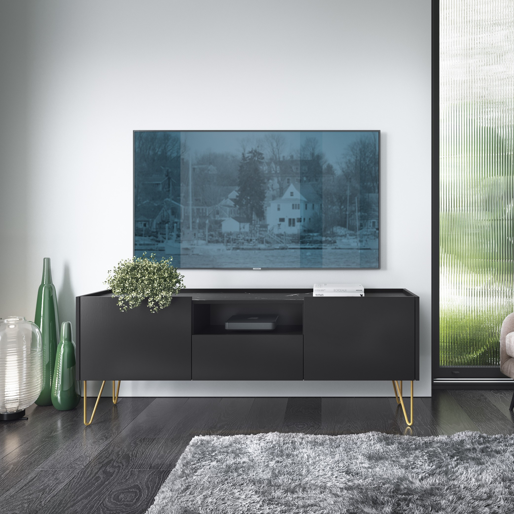 Szafka RTV VELNO 144 cm do salonu czarna Szafka RTV VELNO 144 cm do salonu czarna