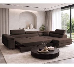 Narożnik KELVO z funkcją spania i pojemnikiem na pościel L-kształtny prawostronny | brązowy Monolith 29