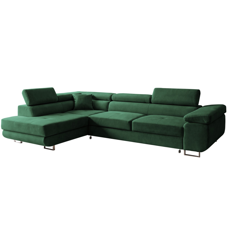 Narożnik KELVO z funkcją spania i pojemnikiem na pościel L-kształtny lewostronny | butelkowa zieleń Monolith 37