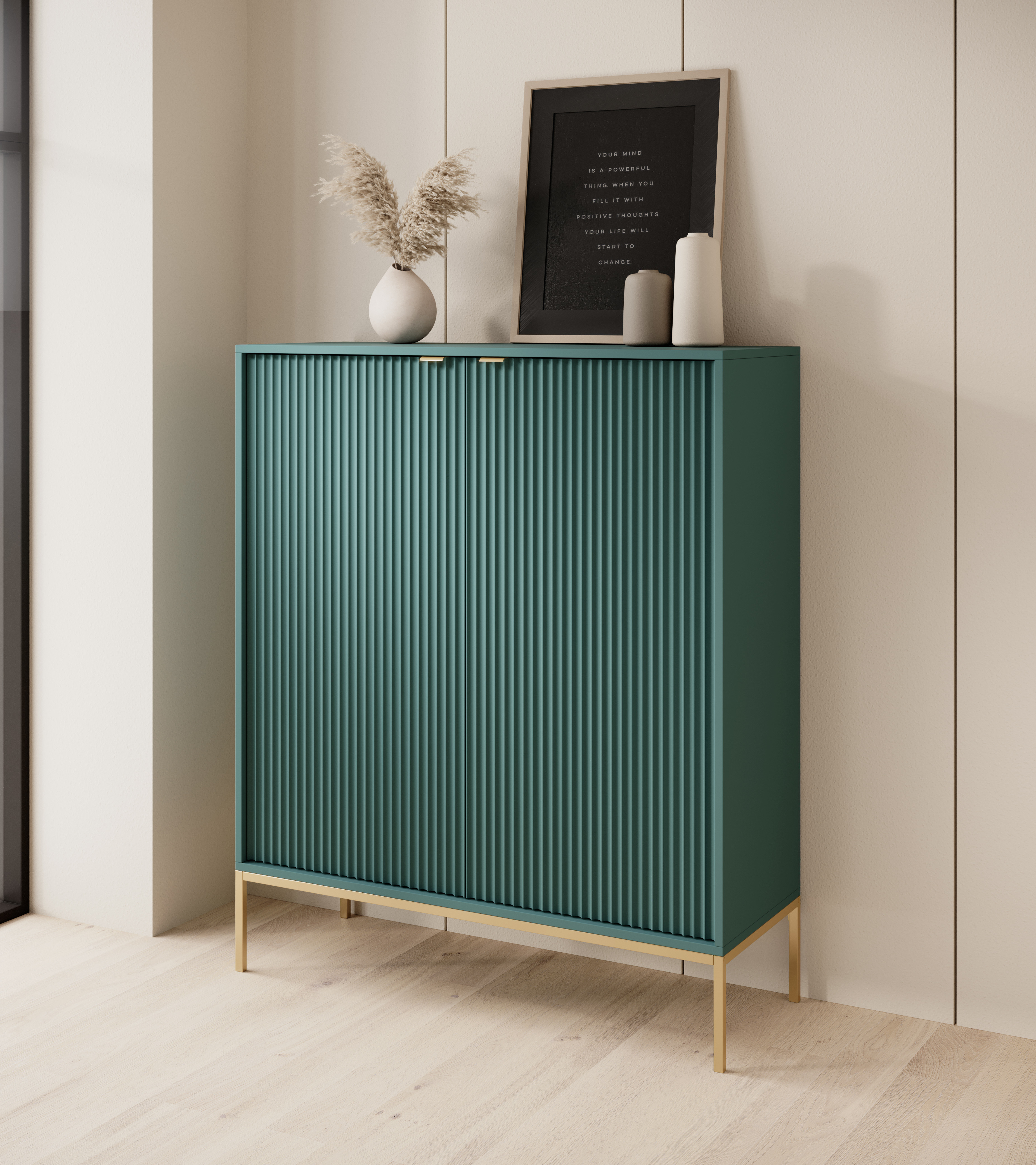 Komoda LINEA 104 cm wysoka do salonu sypialni zielona złoty stelaż złoty uchwyt Komoda LINEA 104 cm wysoka do salonu sypialni zielona złoty stelaż złoty uchwyt