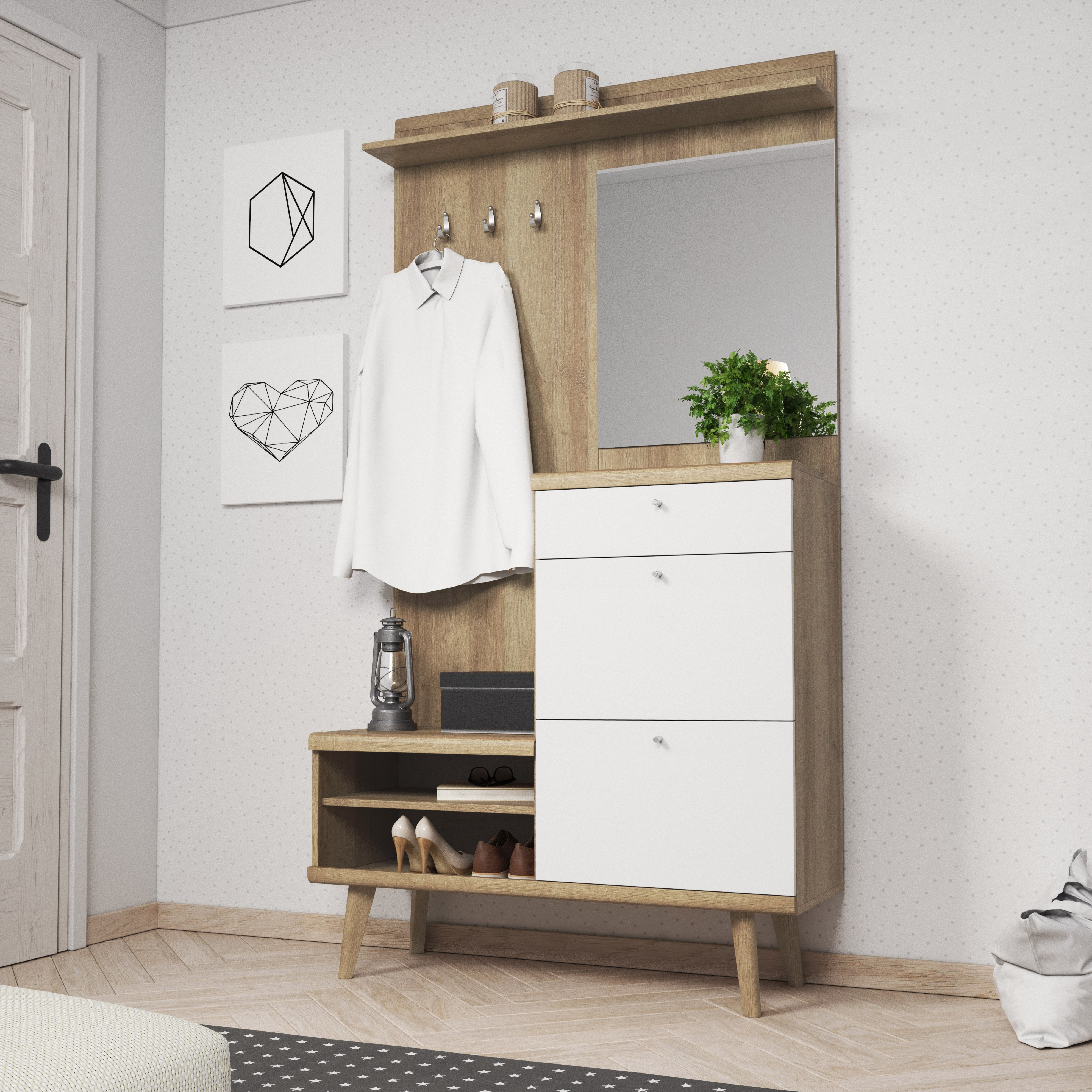 Garderoba FENDRO 110 cm z lustrem do przedpokoju | dąb riviera, biały