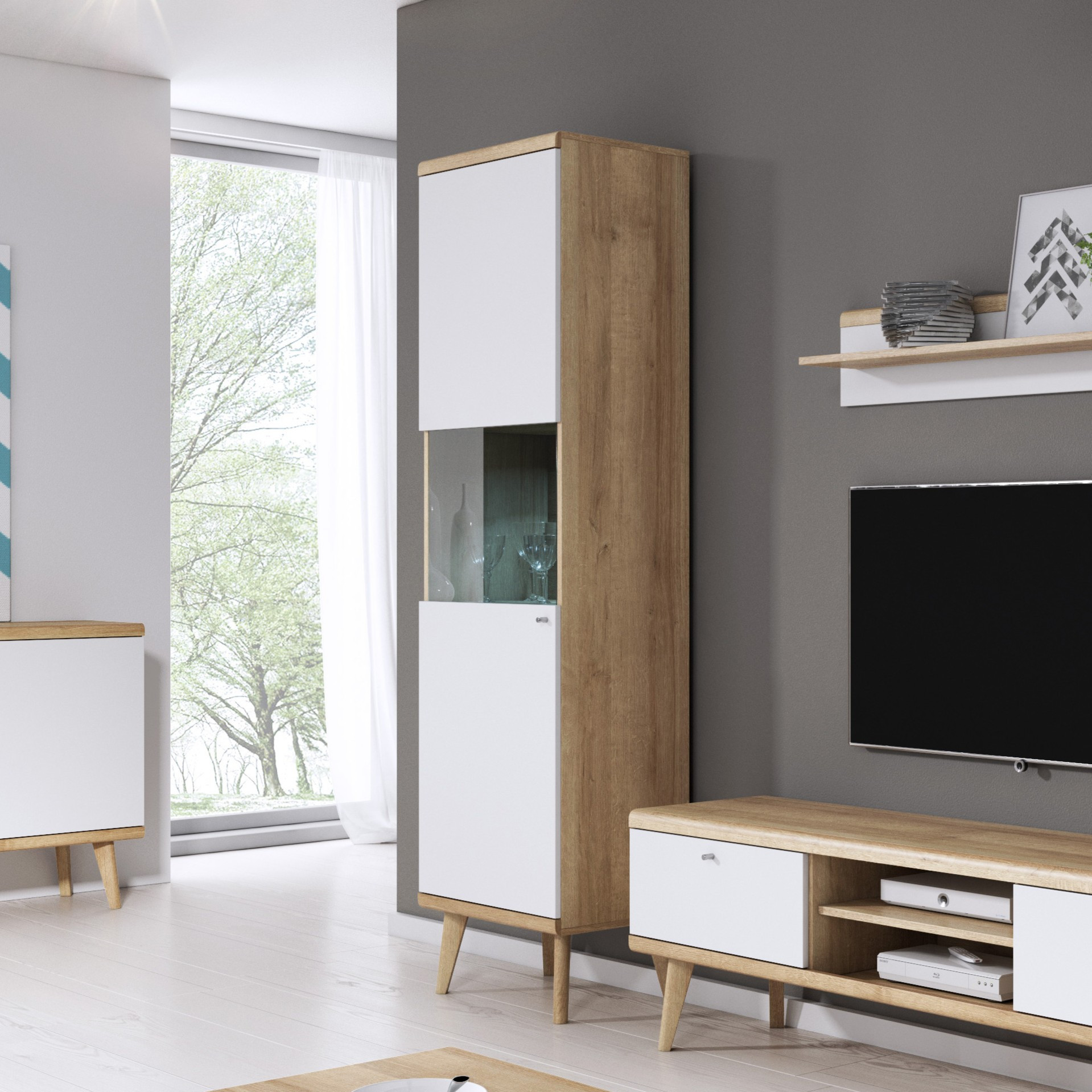 Witryna FENDRO 50 cm do salonu | dąb riviera, biały Witryna FENDRO 50 cm do salonu | dąb riviera, biały