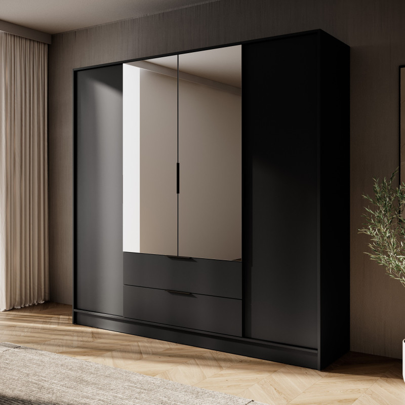 Szafa uchylna MARSILO 206 cm czterodrzwiowa z lustrem i szufladami | czarna Szafa uchylna MARSILO 206 cm czterodrzwiowa z lustrem i szufladami | czarna