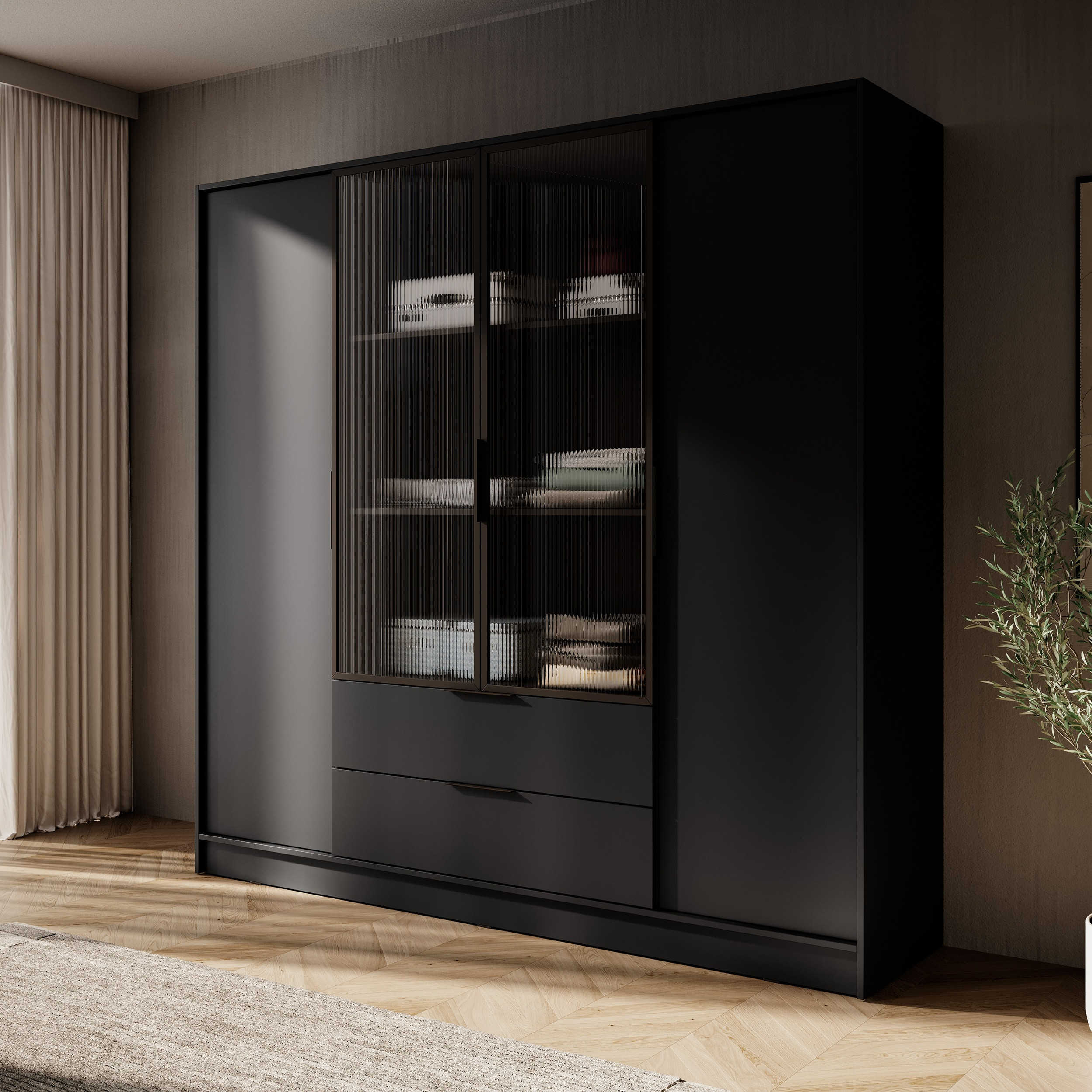 Szafa uchylna MARSILO 206 cm czterodrzwiowa z szufladami, półki | czarna