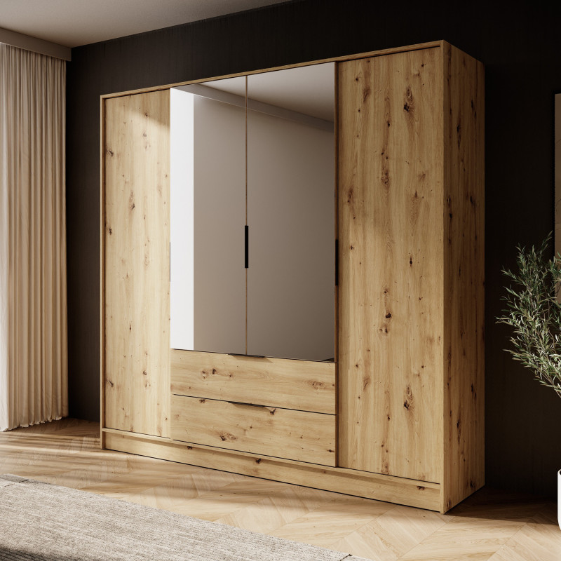 Szafa uchylna MARSILO 206 cm czterodrzwiowa z lustrem i szufladami | dąb artisan Szafa uchylna MARSILO 206 cm czterodrzwiowa z lustrem i szufladami | dąb artisan
