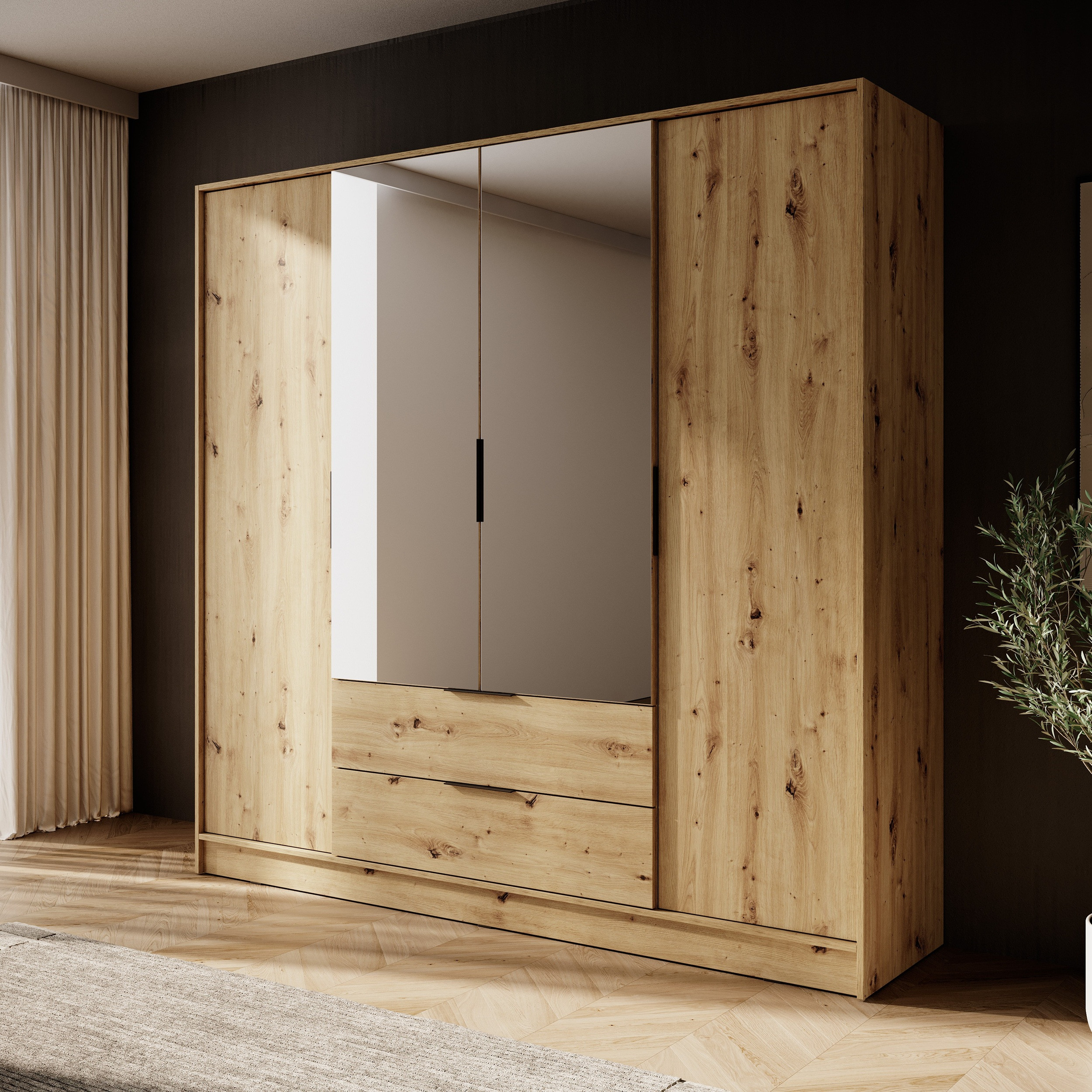 Szafa uchylna MARSILO 206 cm czterodrzwiowa z lustrem i szufladami | dąb artisan Szafa uchylna MARSILO 206 cm czterodrzwiowa z lustrem i szufladami | dąb artisan