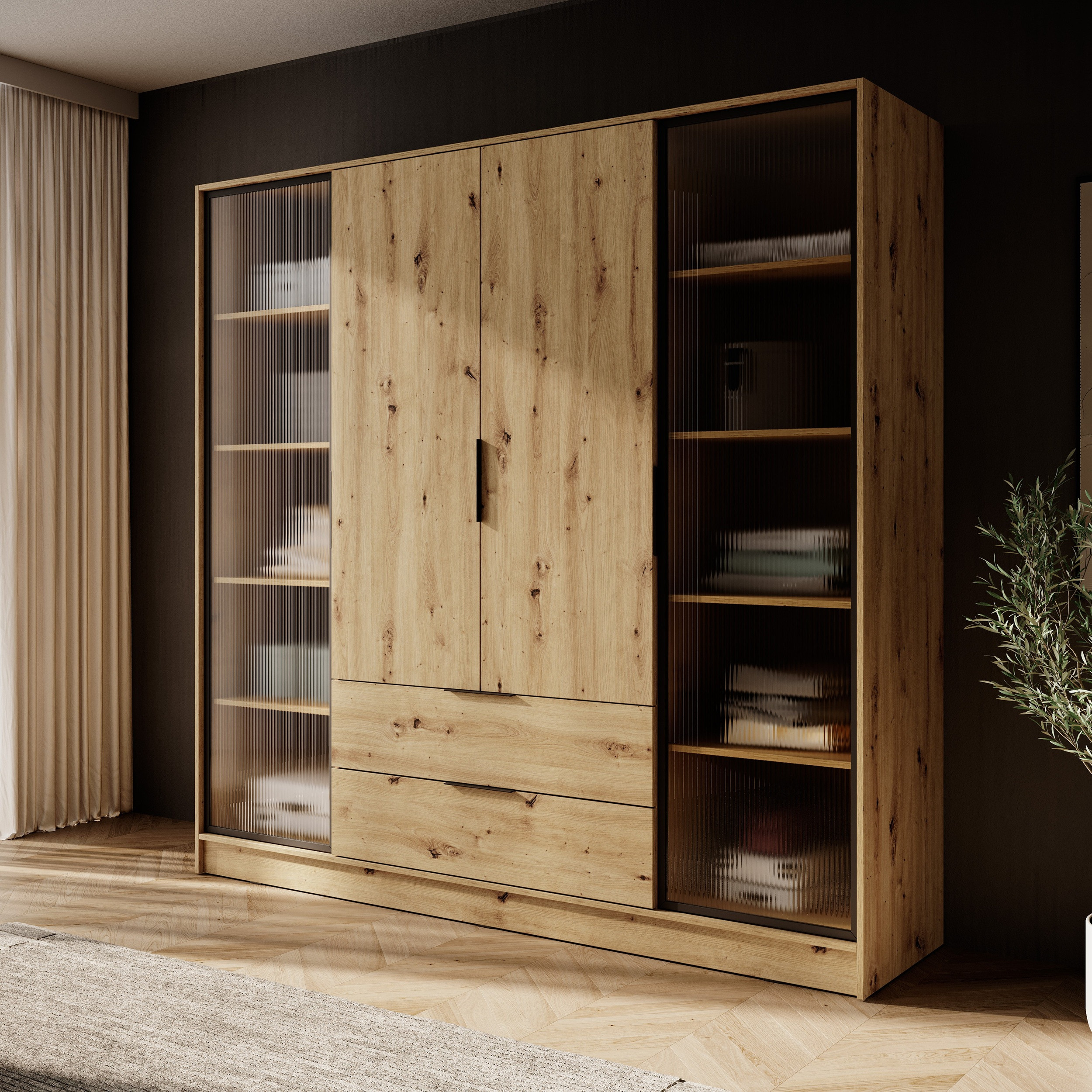 Szafa uchylna MARSILO 206 cm czterodrzwiowa z szufladami, drążek | dąb artisan