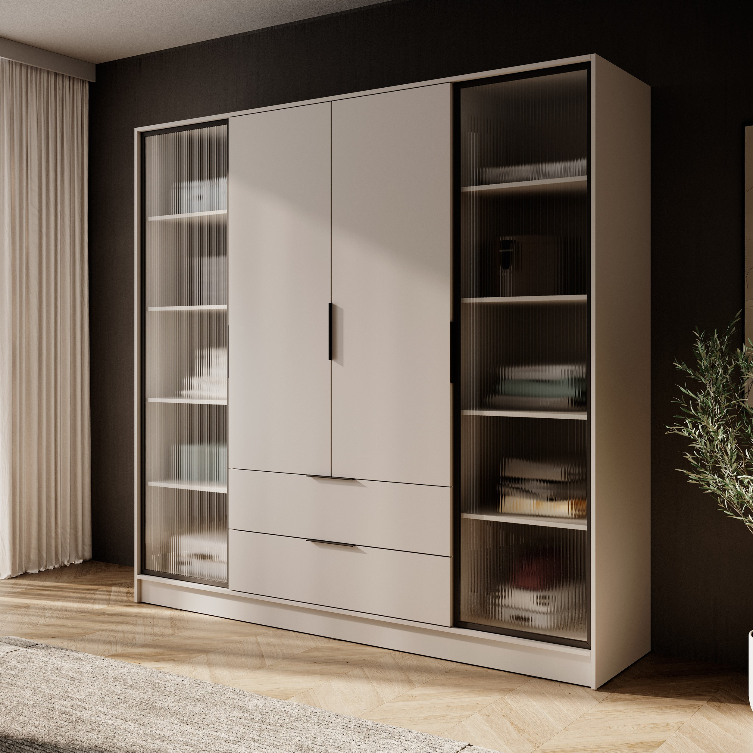 Szafa uchylna MARSILO 206 cm czterodrzwiowa z szufladami, drążek | kaszmir