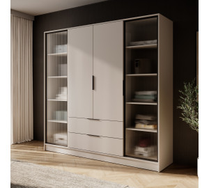 Szafa uchylna MARSILO 206 cm czterodrzwiowa z szufladami, półki | kaszmir
