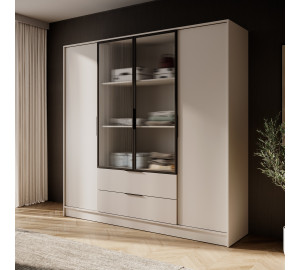 Szafa uchylna MARSILO 206 cm czterodrzwiowa z szufladami, półki | kaszmir