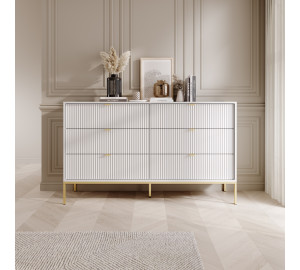 Komoda LINEA 154 cm 6 szuflad do salonu sypialni biała złoty stelaż