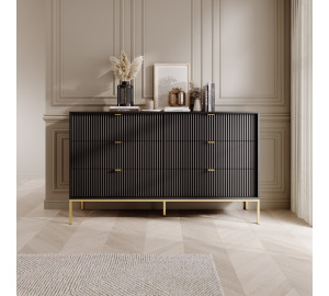 Komoda LINEA 154 cm 6 szuflad do salonu sypialni czarna złoty stelaż