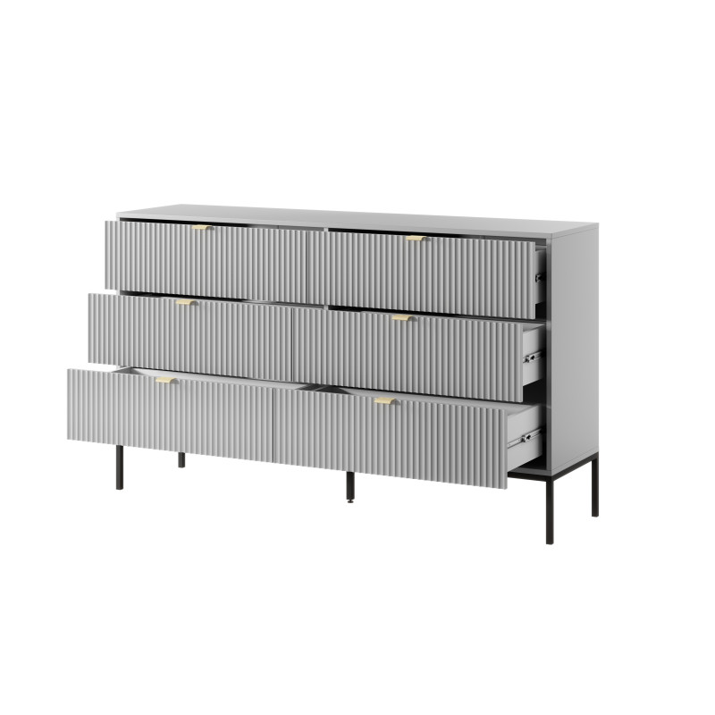 Komoda LINEA 154 cm 6 szuflad do salonu sypialni szara czarny stelaż