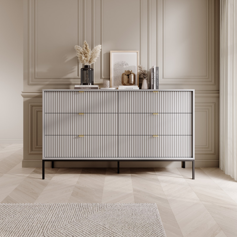 Komoda LINEA 154 cm 6 szuflad do salonu sypialni szara czarny stelaż