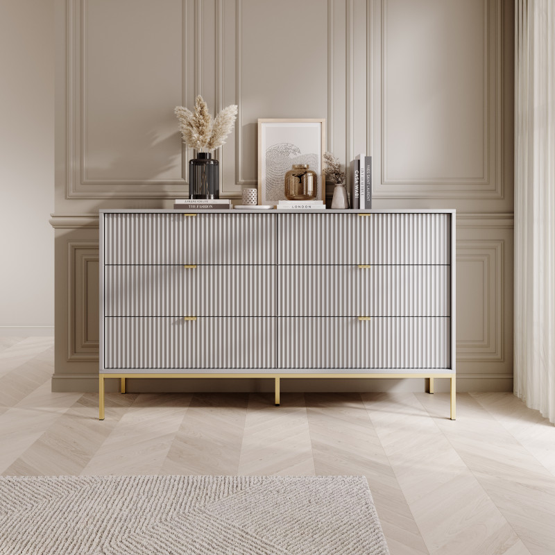 Komoda LINEA 154 cm 6 szuflad do salonu sypialni szara złoty stelaż Komoda LINEA 154 cm 6 szuflad do salonu sypialni szara złoty stelaż