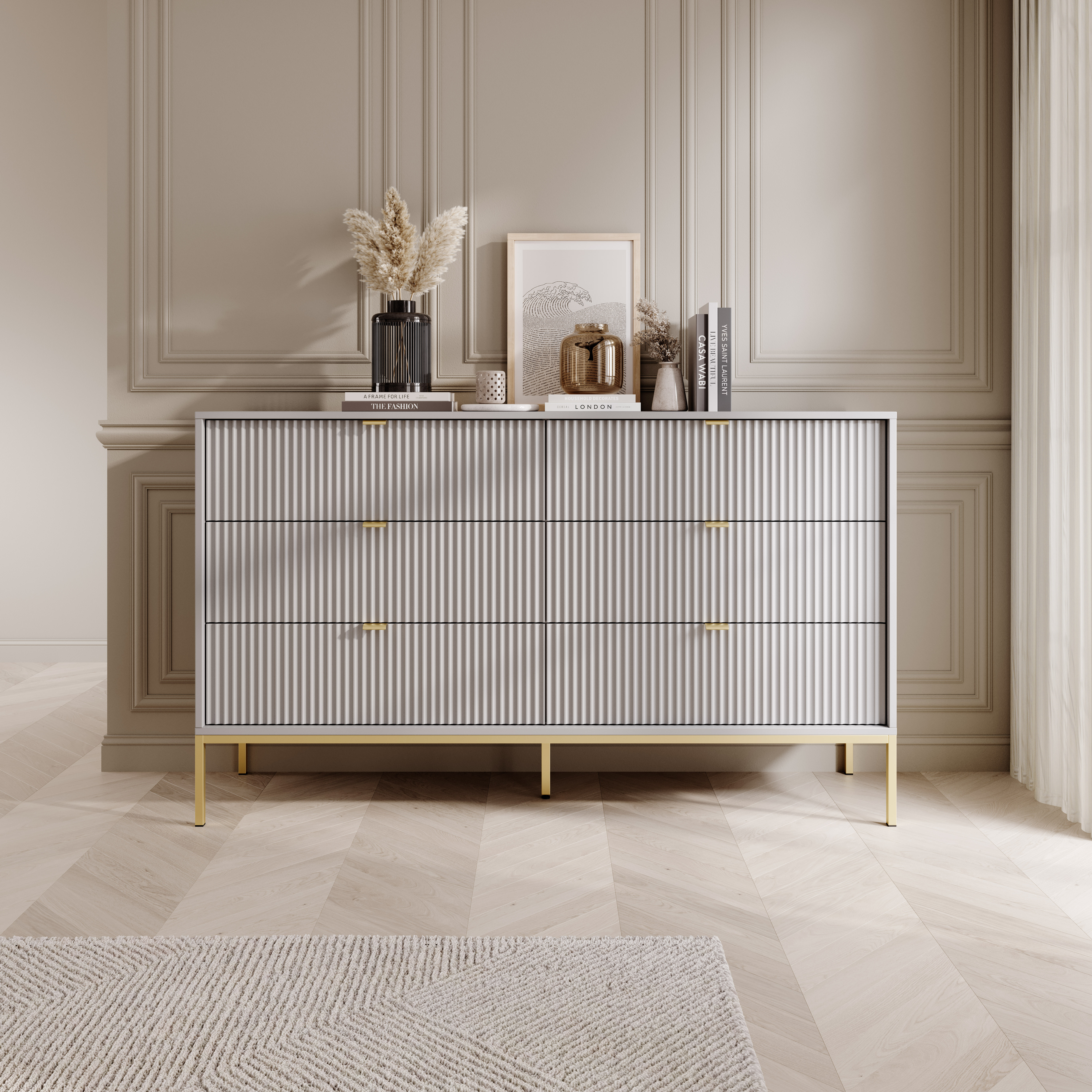 Komoda LINEA 154 cm 6 szuflad do salonu sypialni szara złoty stelaż Komoda LINEA 154 cm 6 szuflad do salonu sypialni szara złoty stelaż