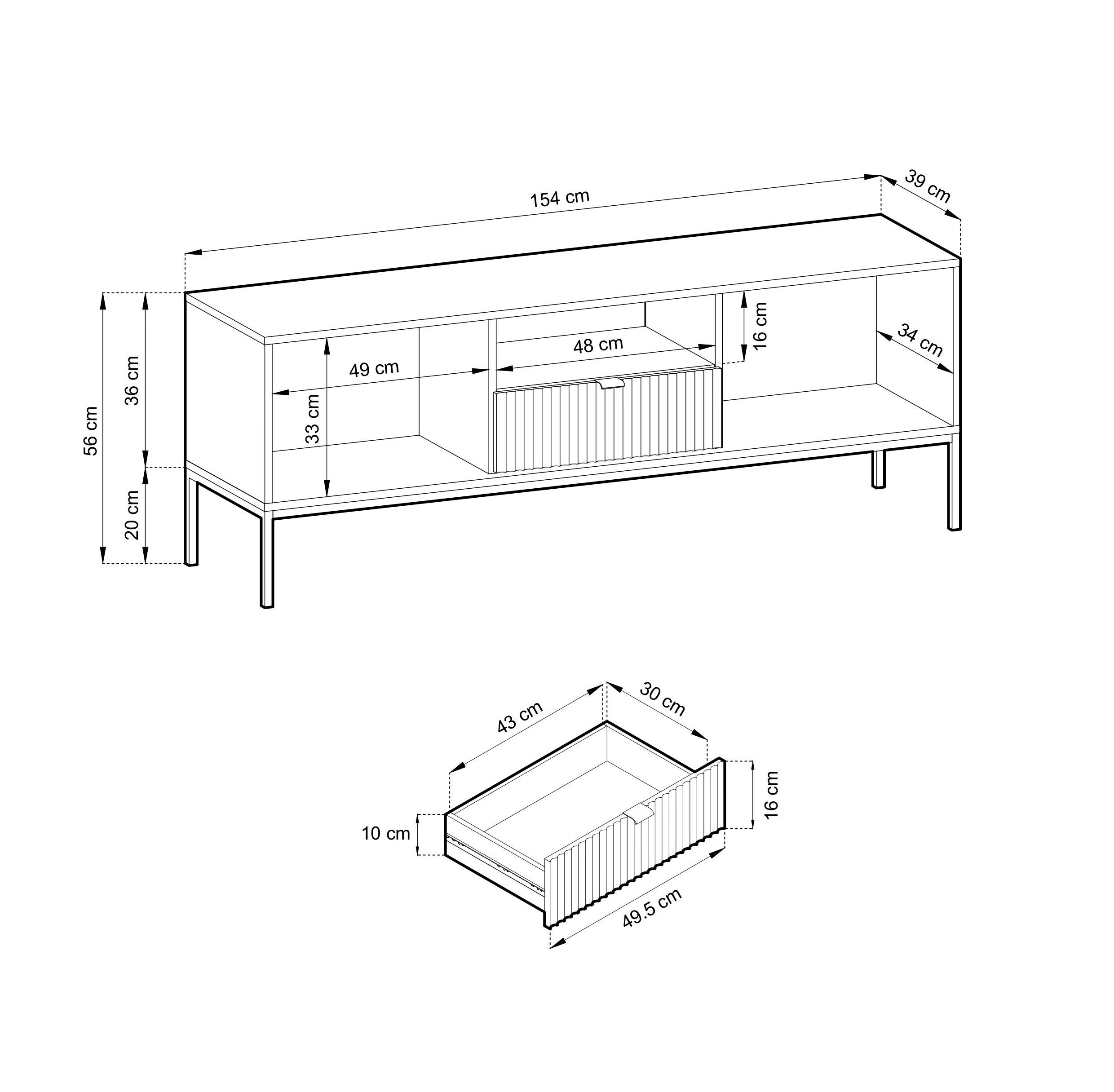 Szafka RTV LINEA 154 cm do salonu biała czarny stelaż Szafka RTV LINEA 154 cm do salonu biała czarny stelaż