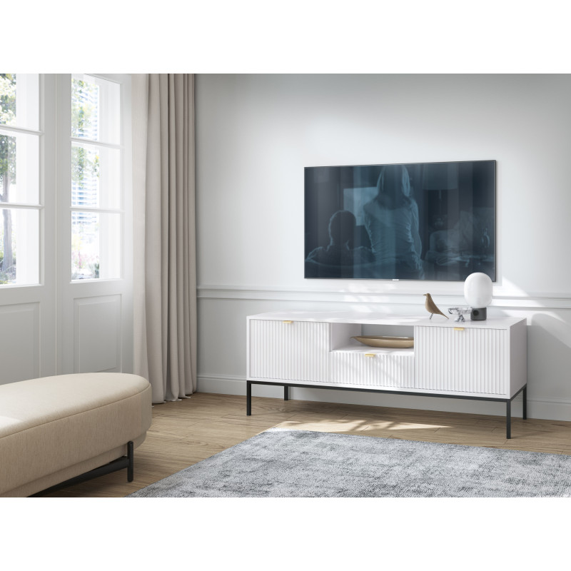 Szafka RTV LINEA 154 cm do salonu biała czarny stelaż Szafka RTV LINEA 154 cm do salonu biała czarny stelaż