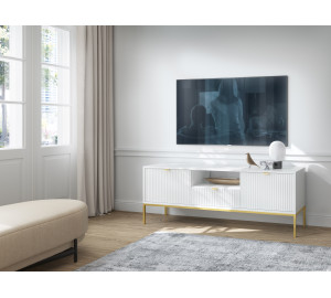 Szafka RTV LINEA 154 cm do salonu biała złoty stelaż