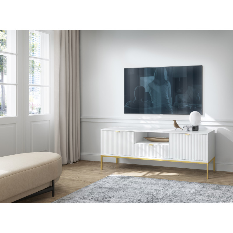 Szafka RTV LINEA 154 cm do salonu biała złoty stelaż