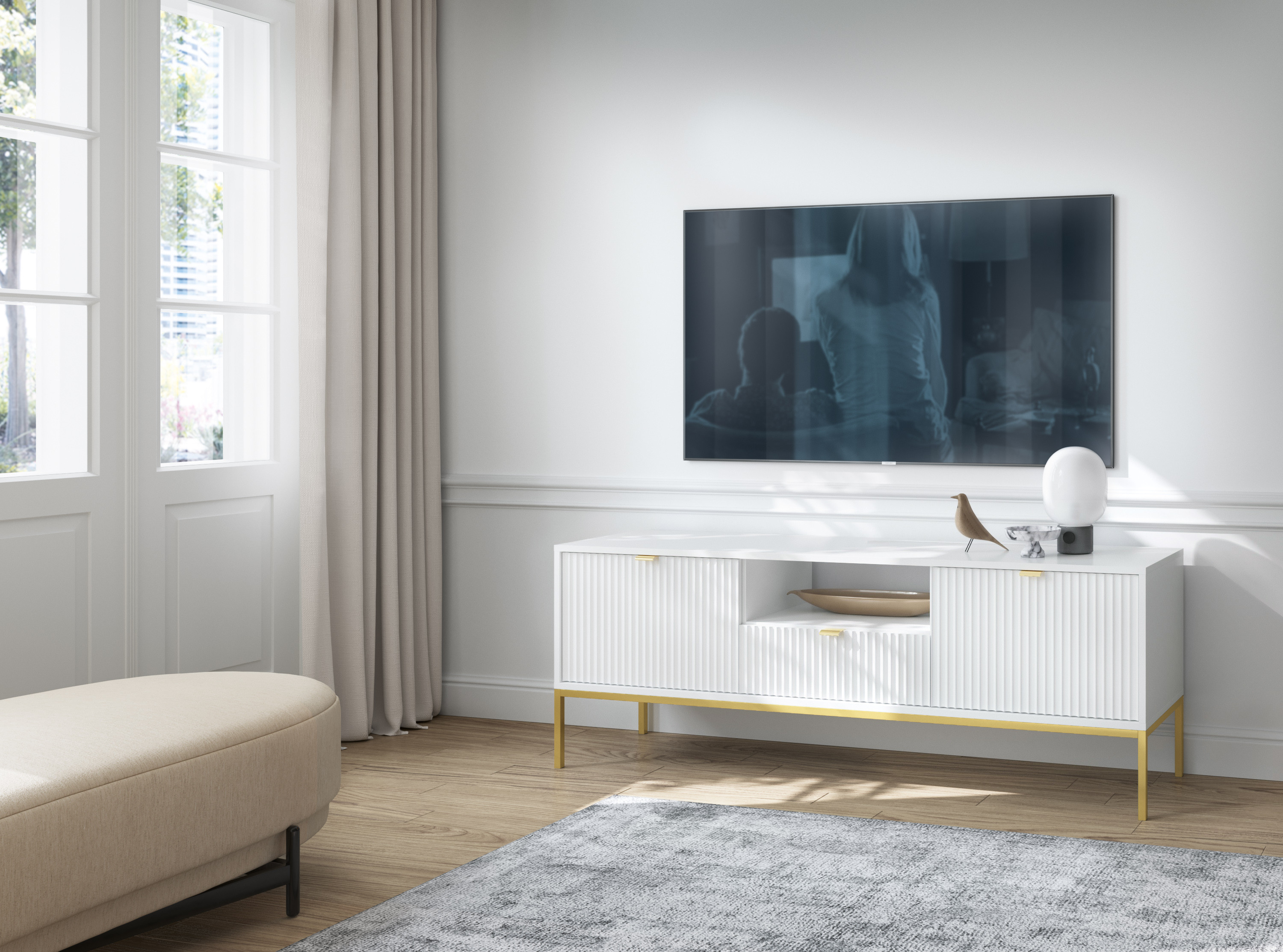 Szafka RTV LINEA 154 cm do salonu biała złoty stelaż