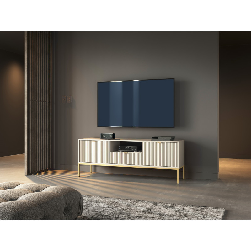 Szafka RTV LINEA 154 cm do salonu kaszmir złoty stelaż