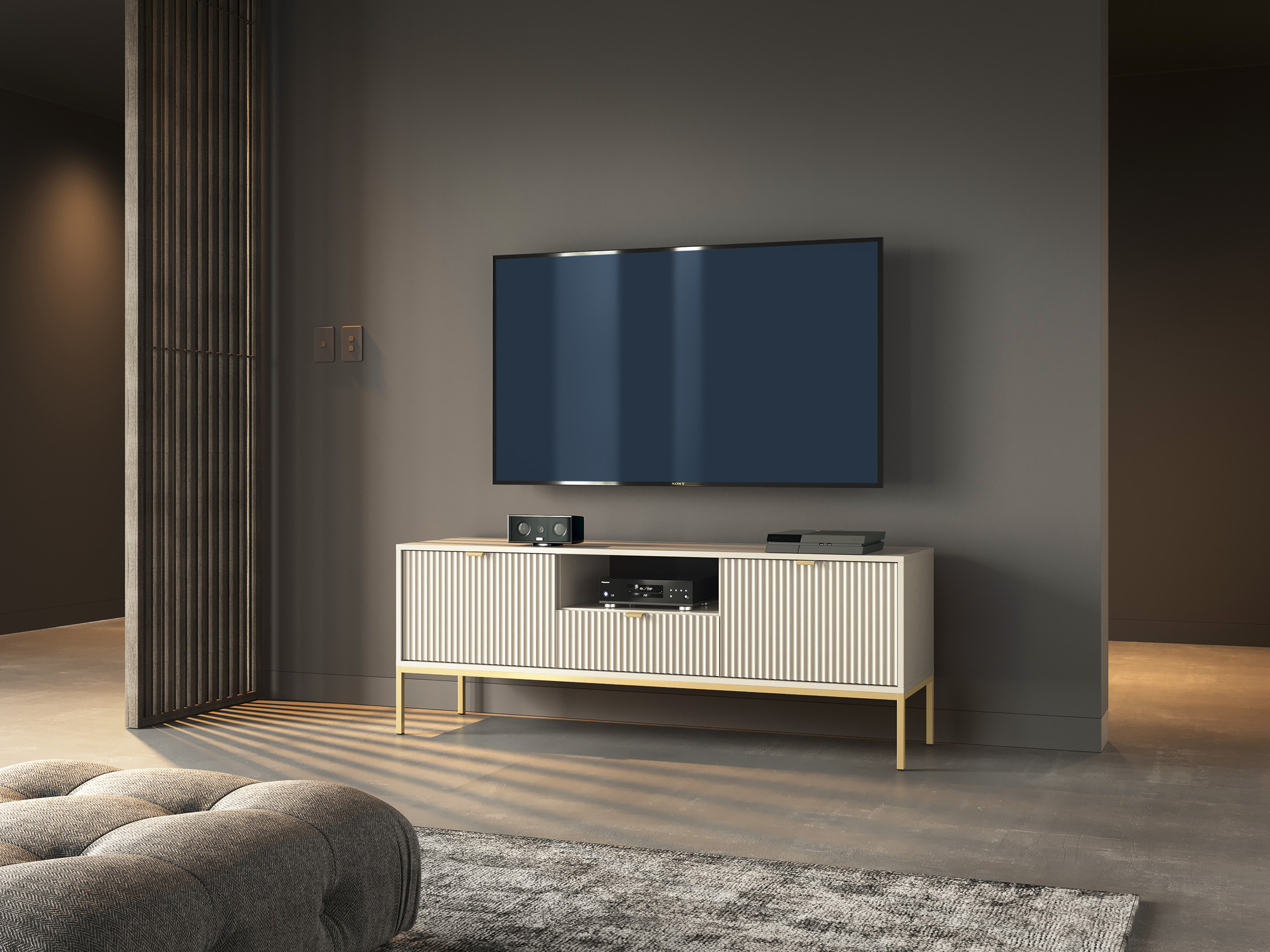 Szafka RTV LINEA 154 cm do salonu kaszmir złoty stelaż