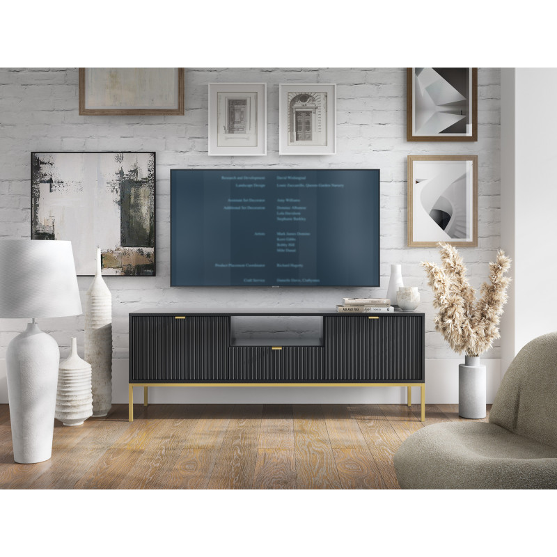 Szafka RTV LINEA 154 cm do salonu czarna złoty stelaż