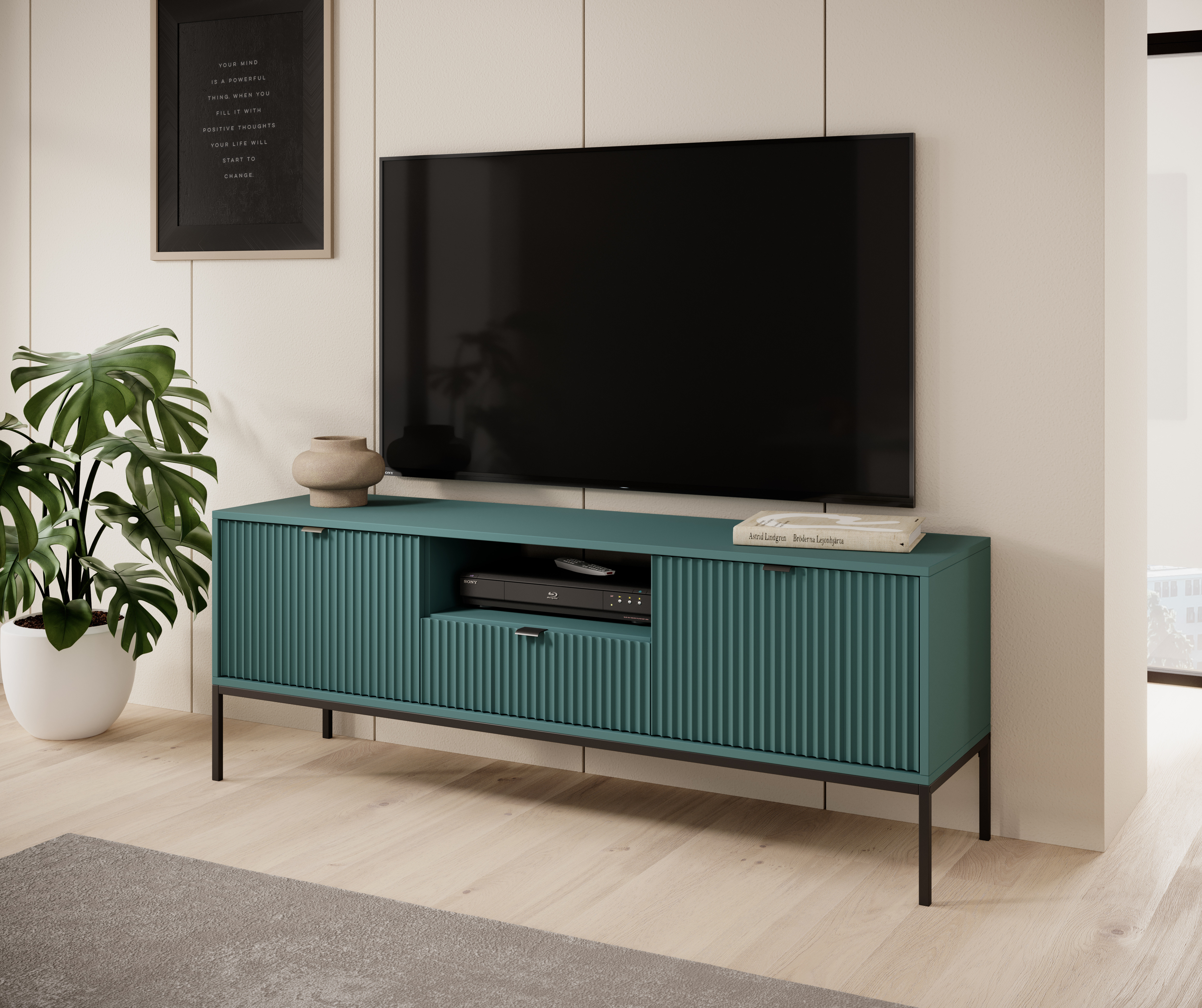 Szafka RTV LINEA 154 cm do salonu zielona czarny stelaż czarny uchwyt Szafka RTV LINEA 154 cm do salonu zielona czarny stelaż czarny uchwyt