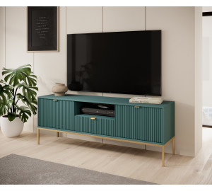 Szafka RTV LINEA 154 cm do salonu zielona złoty stelaż złoty uchwyt