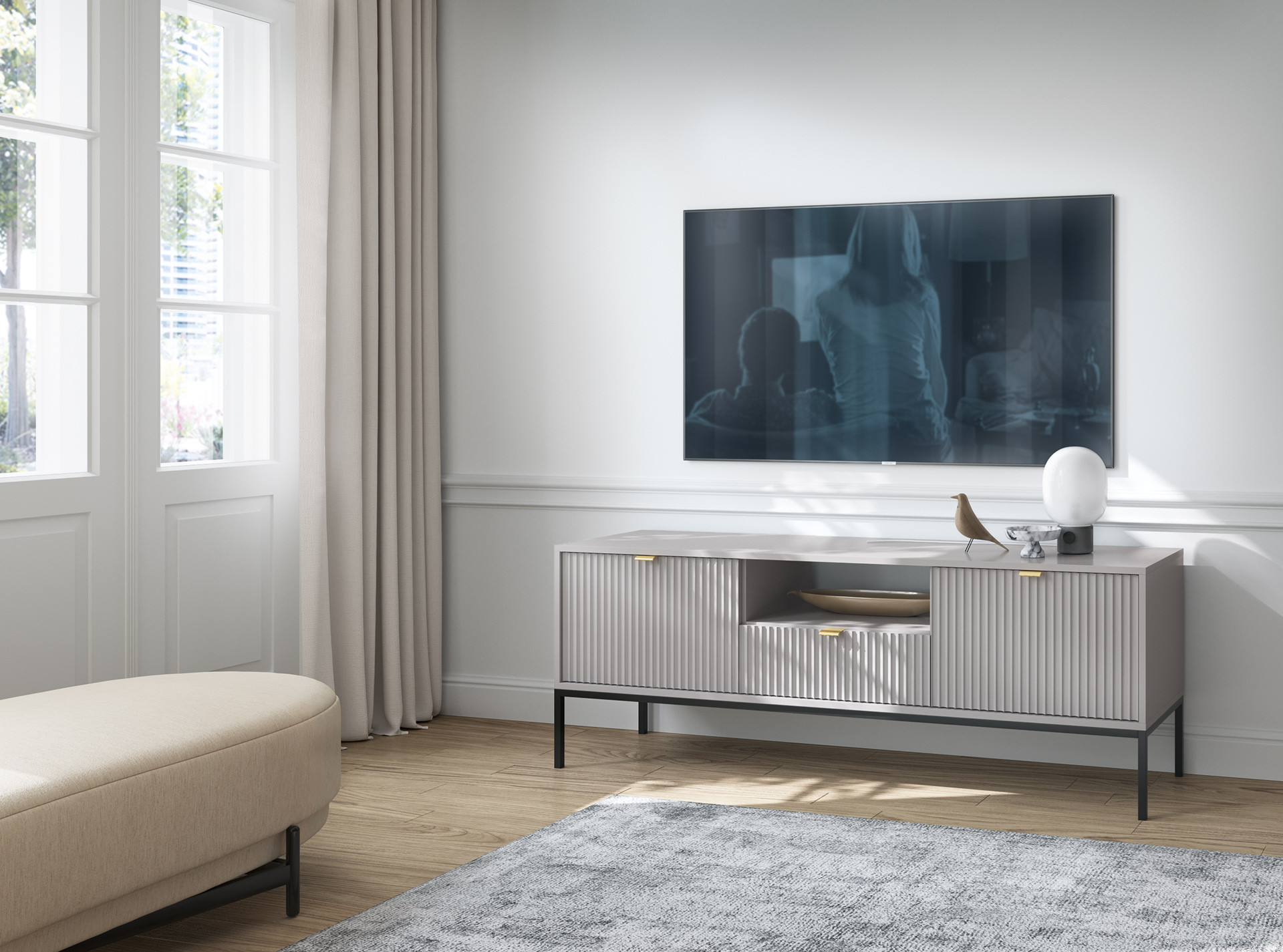 Szafka RTV LINEA 154 cm do salonu szara czarny stelaż Szafka RTV LINEA 154 cm do salonu szara czarny stelaż