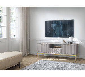 Szafka RTV LINEA 154 cm do salonu szara złoty stelaż