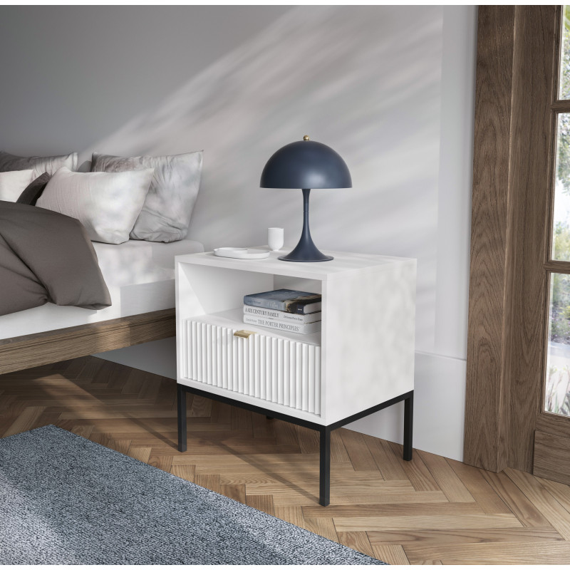 Szafka nocna stolik nocny LINEA 54cm do sypialni biała czarny stelaż Szafka nocna stolik nocny LINEA 54cm do sypialni biała czarny stelaż