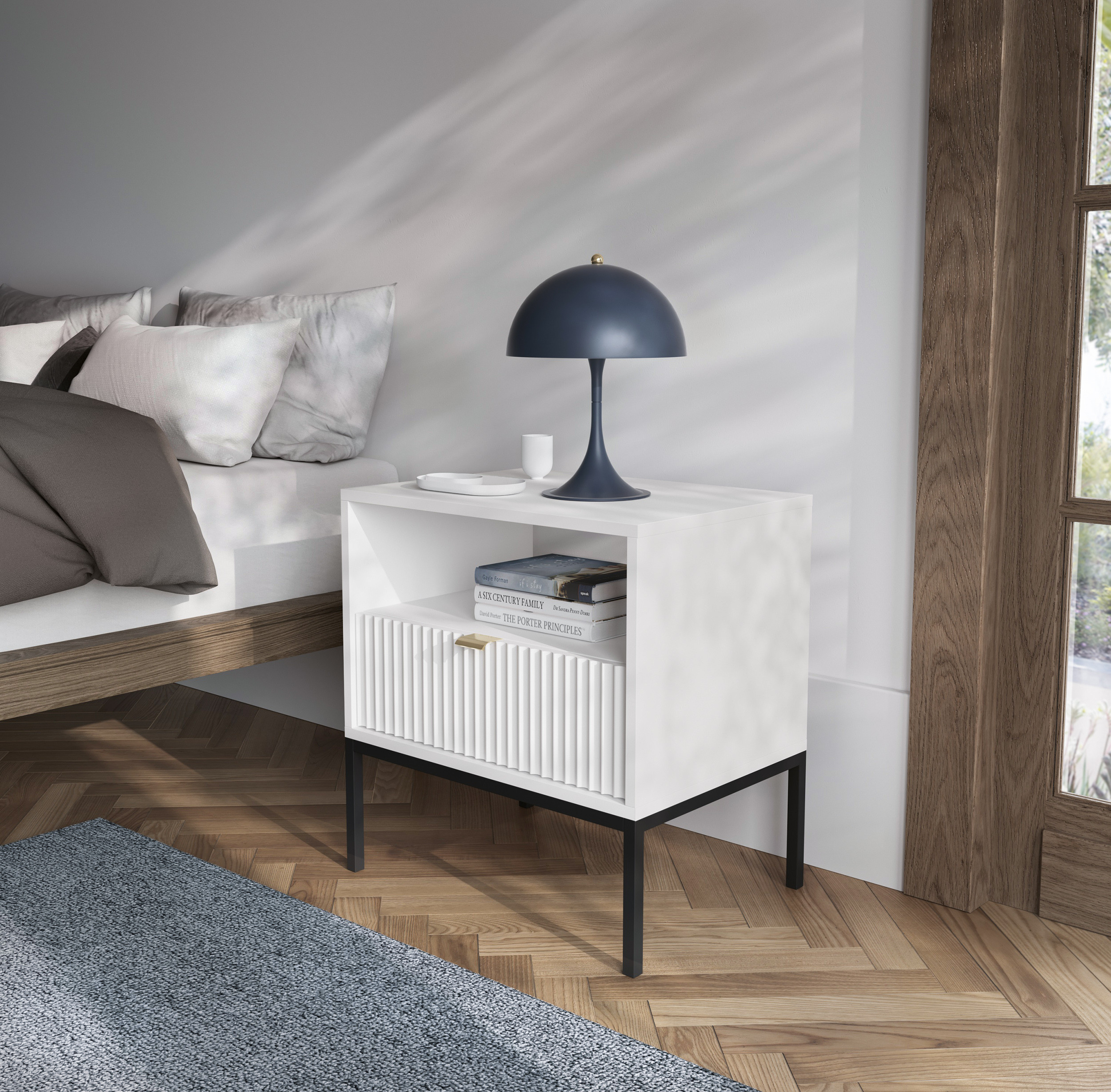 Szafka nocna stolik nocny LINEA 54cm do sypialni biała czarny stelaż Szafka nocna stolik nocny LINEA 54cm do sypialni biała czarny stelaż