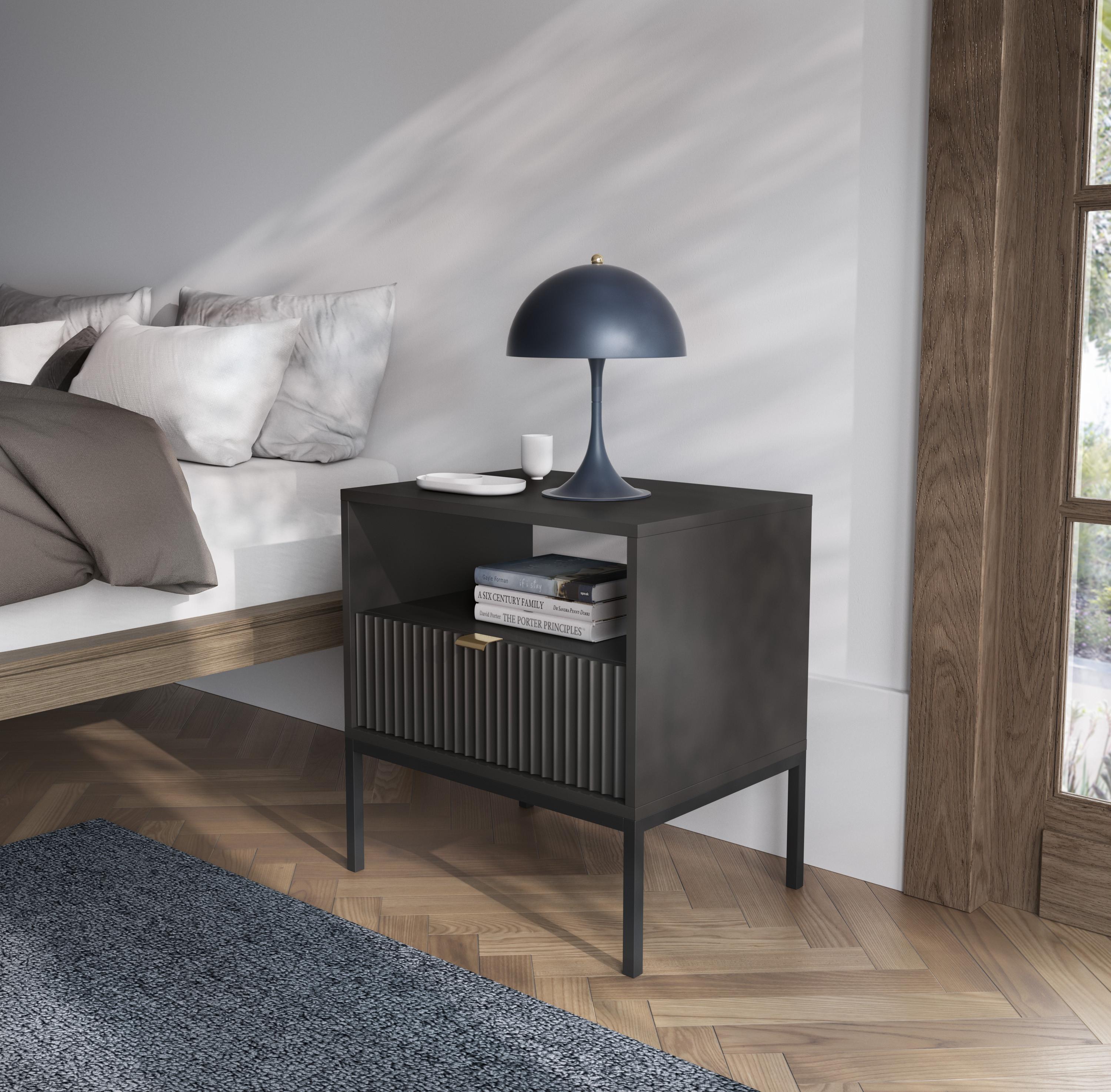 Szafka nocna stolik nocny LINEA 54cm do sypialni czarna czarny stelaż