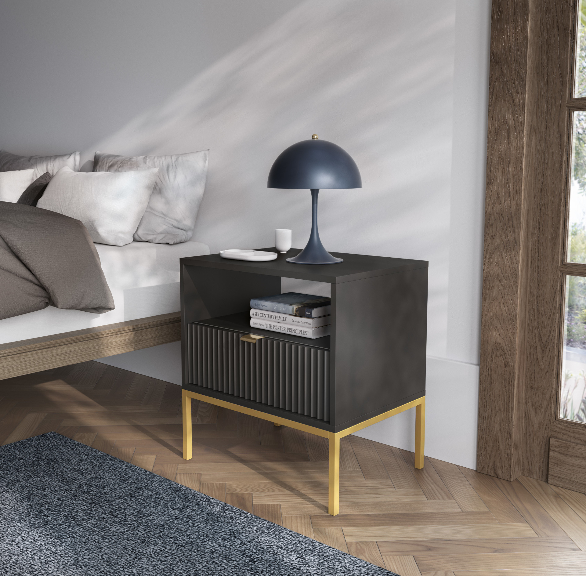 Szafka nocna stolik nocny LINEA 54cm do sypialni czarna złoty stelaż