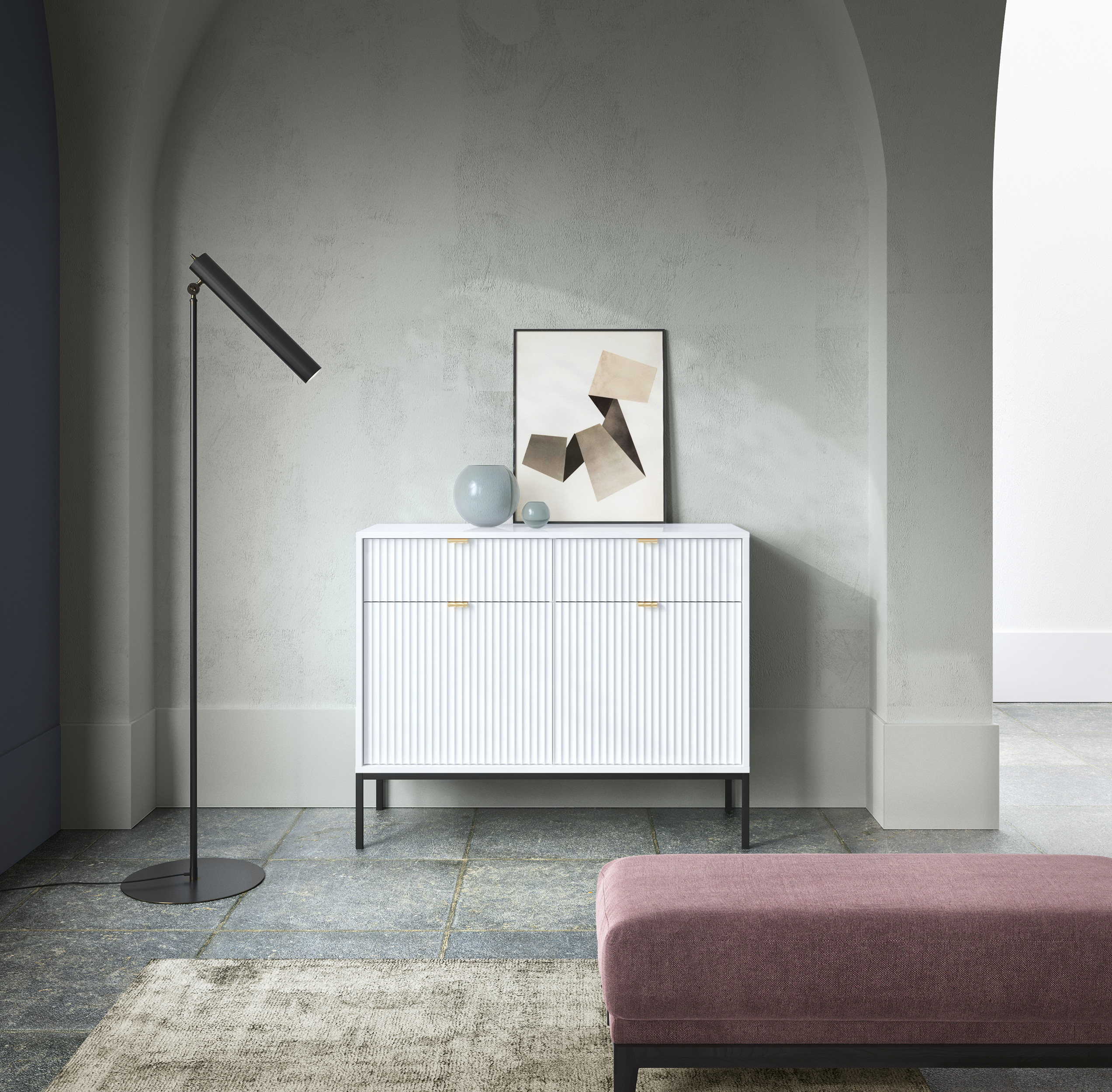 Komoda Linea 104 cm do salonu sypialni biała czarny stelaż