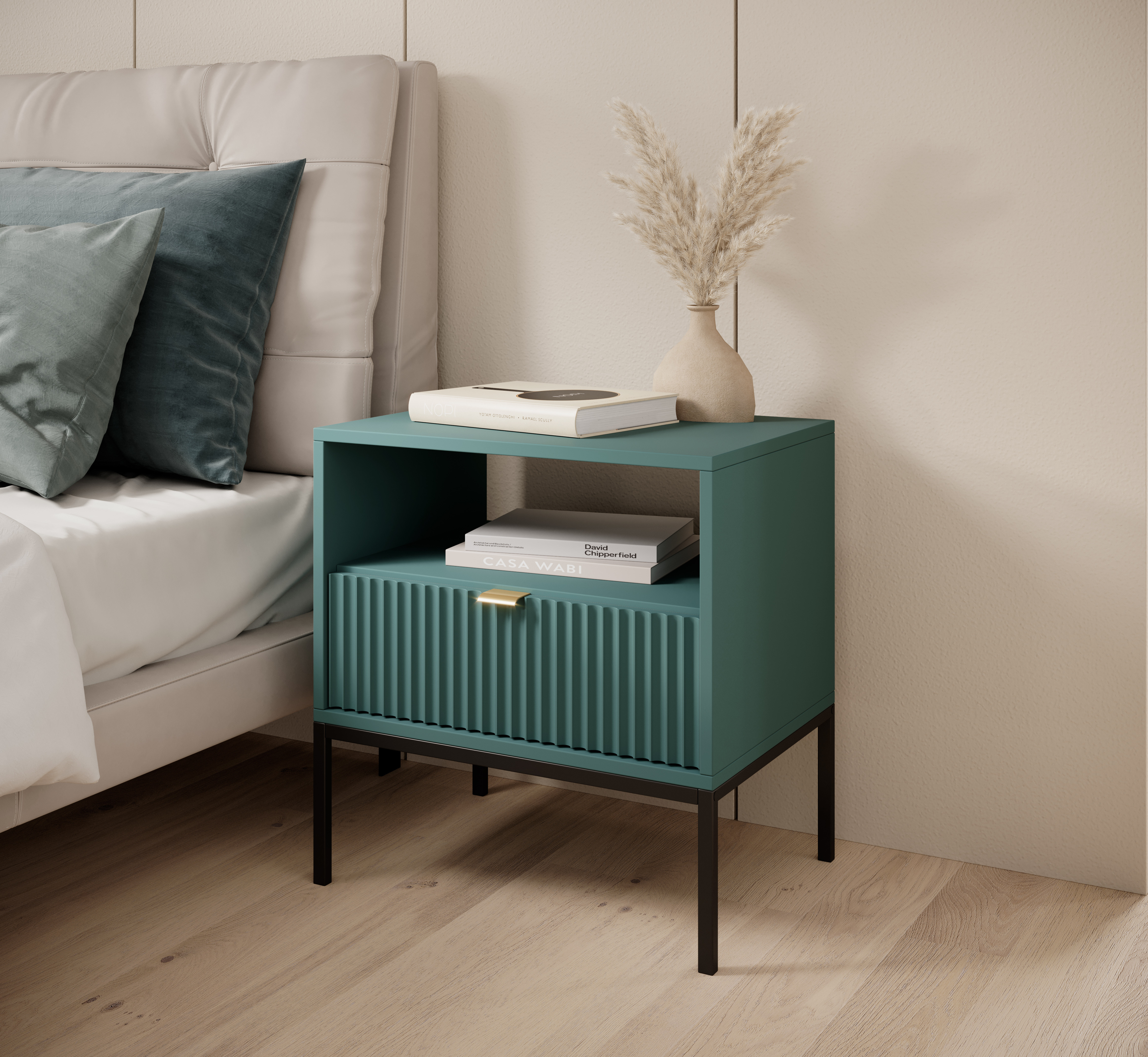 Szafka nocna stolik nocny LINEA 54cm do sypialni zielona czarny stelaż złoty uchwyt Szafka nocna stolik nocny LINEA 54cm do sypialni zielona czarny stelaż złoty uchwyt
