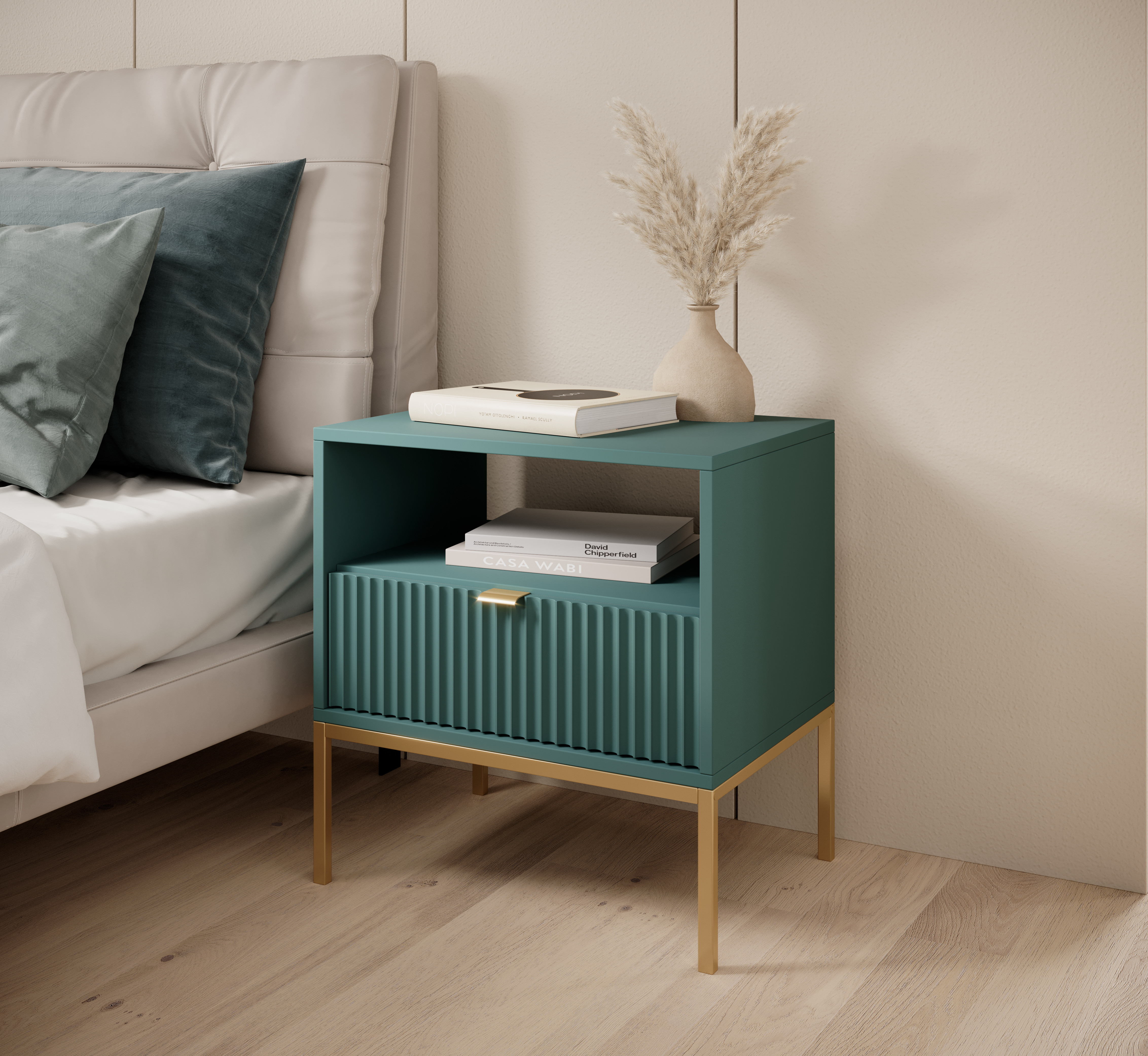 Szafka nocna stolik nocny LINEA 54cm do sypialni zielona złoty stelaż złoty uchwyt Szafka nocna stolik nocny LINEA 54cm do sypialni zielona złoty stelaż złoty uchwyt