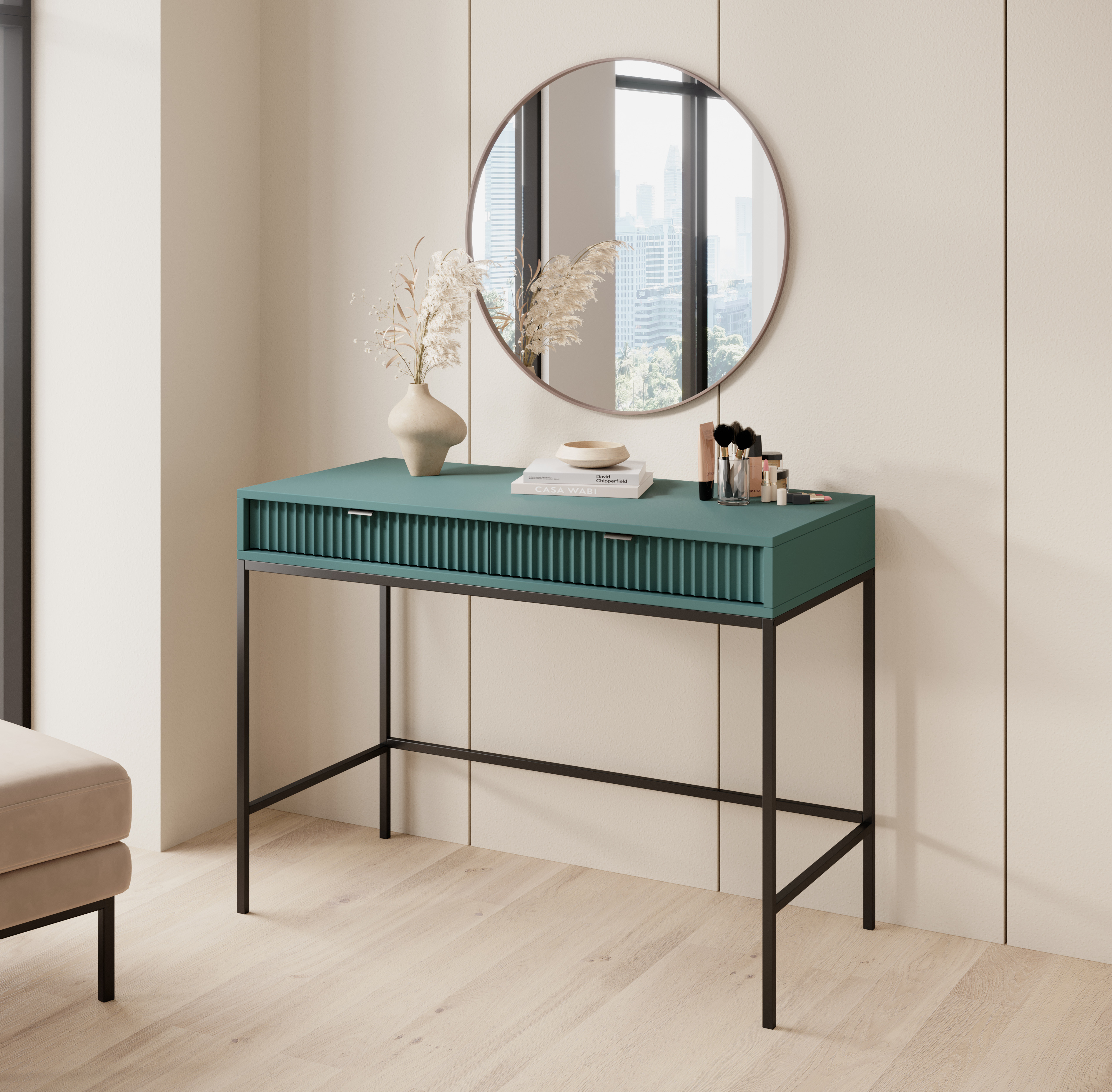 Toaletka biurko do makijażu LINEA 104 cm do sypialni zielona czarny stelaż czarny uchwyt