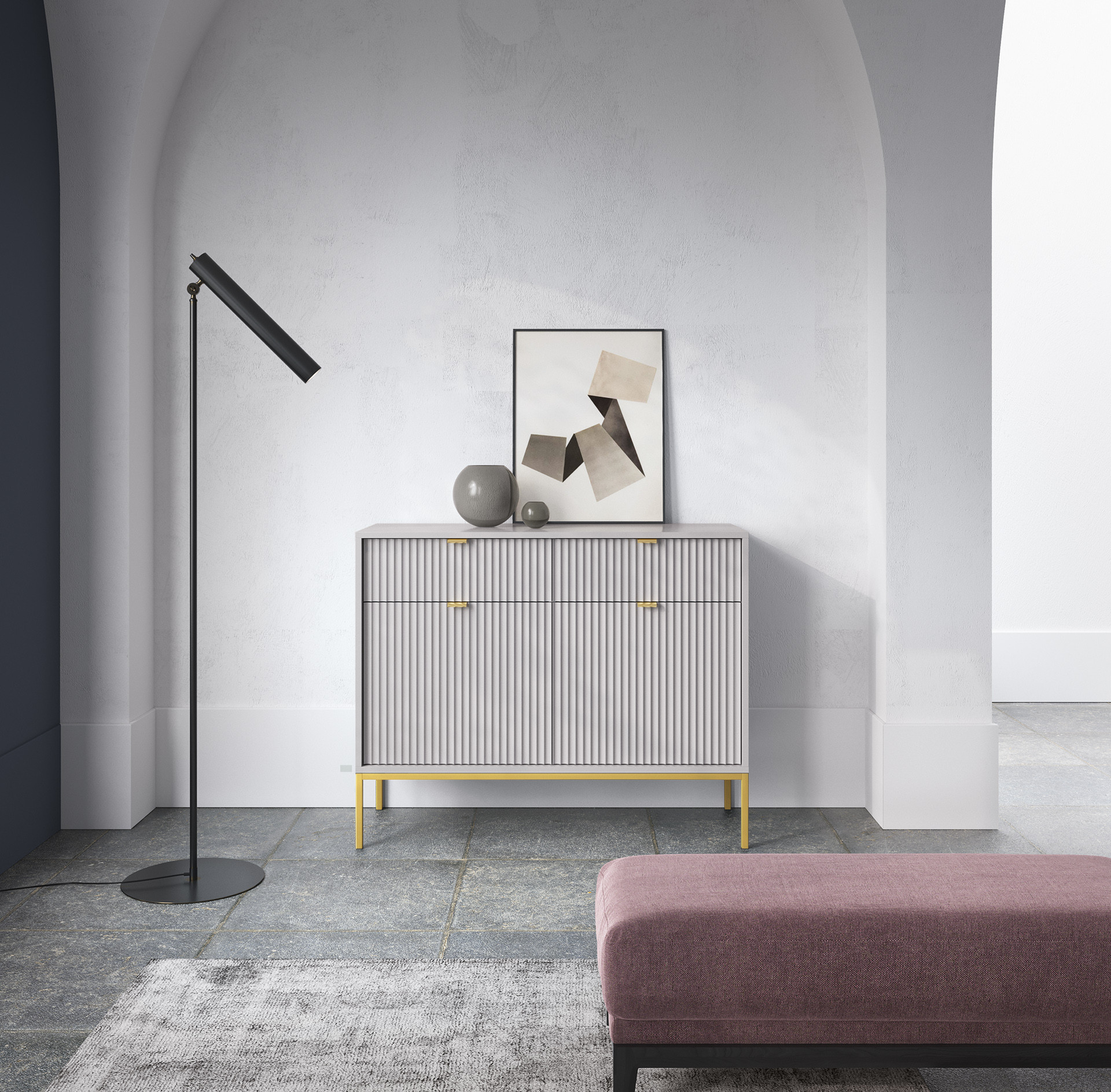 Komoda Linea 104 cm do salonu sypialni szara złoty stelaż
