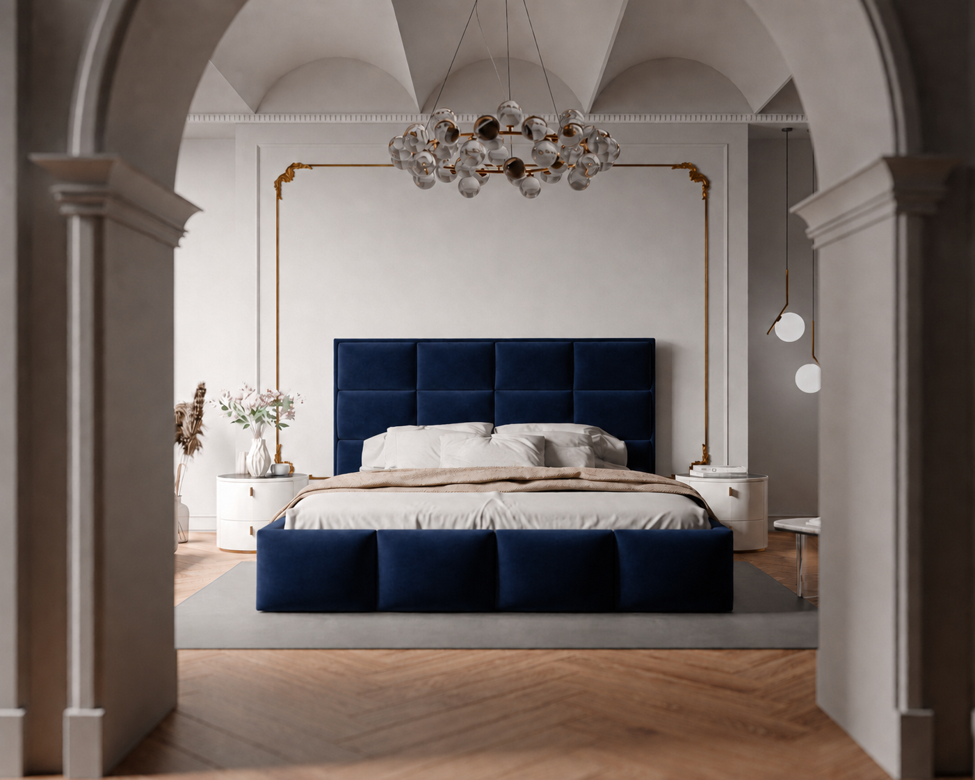 Łóżko tapicerowane NUVELLO z pojemnikiem na pościel 160x200 cm granatowe Magic Velvet 2216 Łóżko tapicerowane NUVELLO z pojemnikiem na pościel 160x200 cm granatowe Magic Velvet 2216