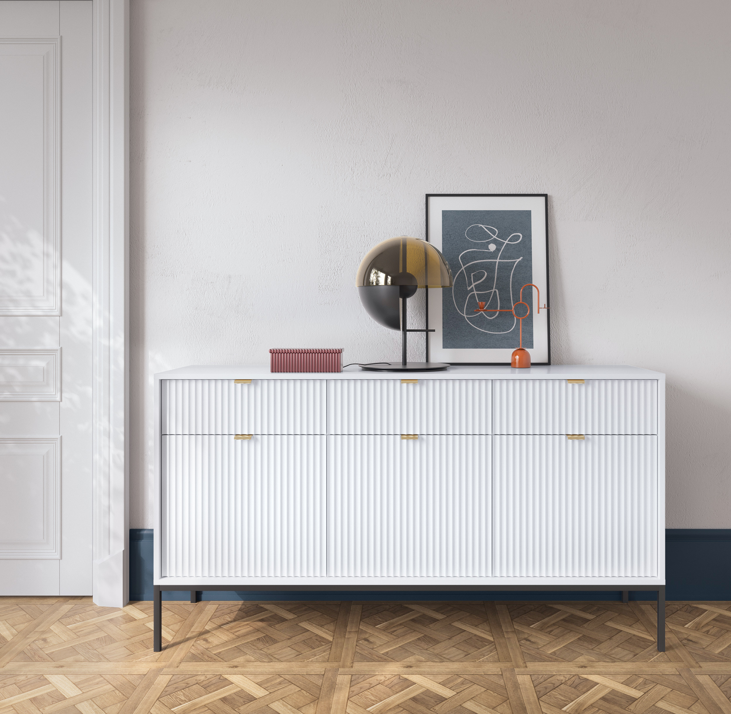 Komoda Linea 154 cm do salonu sypialni biała czarny stelaż