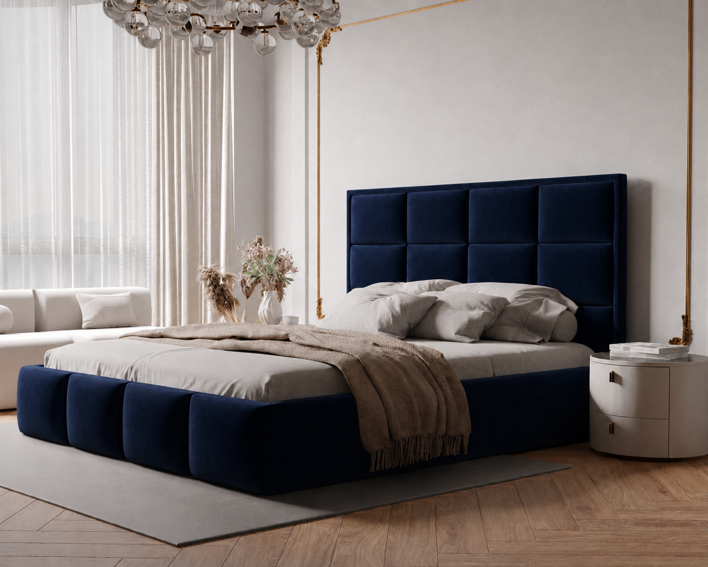 Łóżko tapicerowane NUVELLO z pojemnikiem na pościel 200x200 cm granatowe Magic Velvet 2216 Łóżko tapicerowane NUVELLO z pojemnikiem na pościel 200x200 cm granatowe Magic Velvet 2216
