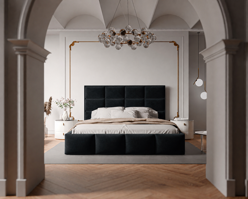 Łóżko tapicerowane NUVELLO z pojemnikiem na pościel 140x200 cm czarne Magic Velvet 2219 Łóżko tapicerowane NUVELLO z pojemnikiem na pościel 140x200 cm czarne Magic Velvet 2219